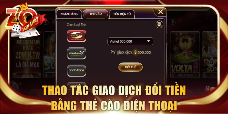Thao tác giao dịch đổi tiền bằng thẻ cào điện thoại