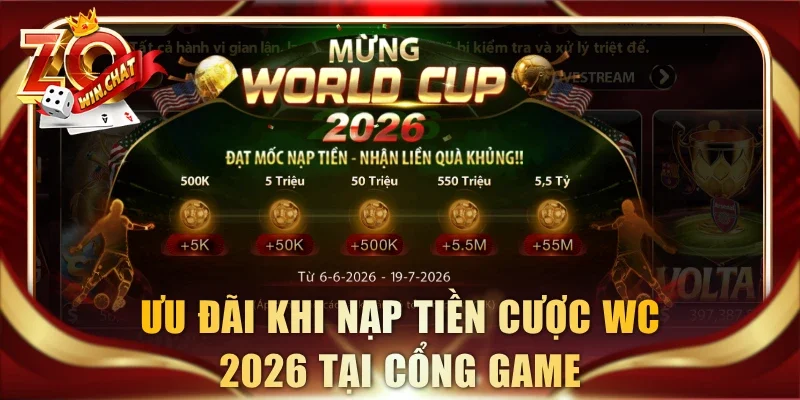 Ưu đãi khi nạp tiền cược WC 2026 tại cổng game